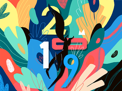 Happy New Year 2019 color blocks colorful design digitalillustration fox happy new year illustration newyear organic photoshop plants typography