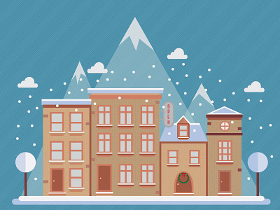 Open Year Round - Winter halftone illustrate mountains snow town winter wreathe