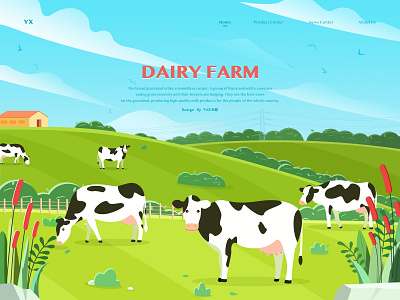Dairy Farm a wide field animal banner cow design farm flower illustration milk scenery sunshine thick growth of grass ui website design woods
