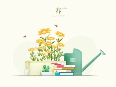 Spring book cactus comfortable gardener honeybee leaf life note petal read watering can 花