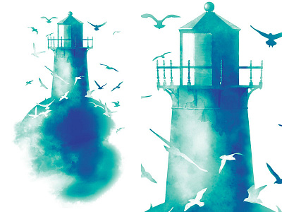 Lighthouse illustration lighthouse seagulls t shirt design watercolour work in progress
