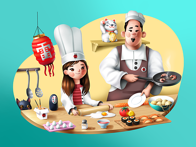 Lets Cook! 3d 3d art asian food baking cat characters chief cooking cute design digitalart food illustration noodles photoshop shrimp sushi