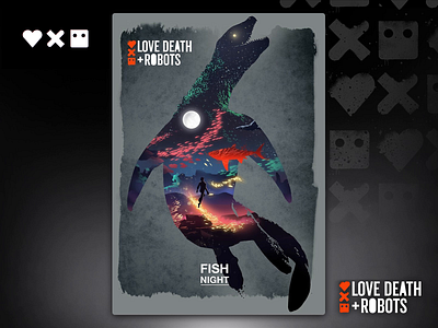 Love Death + Robots - Fish Night Poster illustration ancient digitalart fishes illustration lovedeathandrobots mistic netflix night poster poster art poster design robots shark