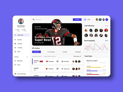 Sports Dashboard UI aaronrodgers buccaneers dashboard design digitaldesign football greenbay interface landingpage mvp nfl packers responsive sketch sports superbowl tampabay tombrady ui webdesign