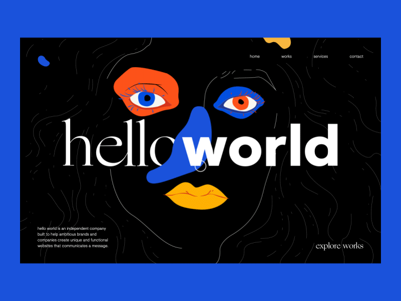 Hello World Agency Portfolio Website 2d 3d abstract agency animation design face gif illustration interaction landing movement outer portfolio shapes typography ui ux web website