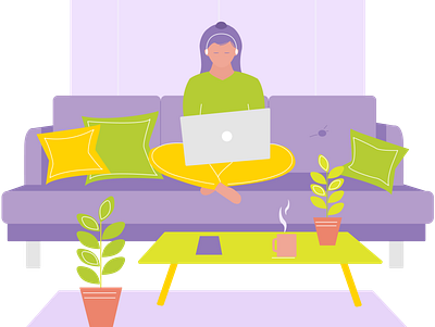 Work at Home comfort zone comfortable design flat graphic home illustration music picture plants room sofa tea vector woman work workathome