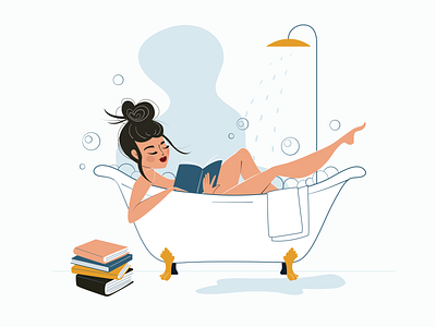 Reading time bath bathroom bathtime books chill girl illustration read reading ui vector vector illustration