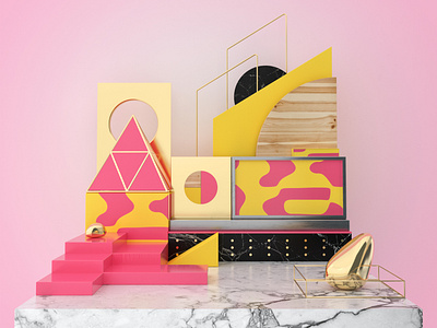 Three 3d 3d artist 3dillustration abstract c4d cinema4d gold octane pink setdesign