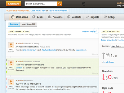 Nutshell UI design dashboard data empty state feed icons onboarding timeline ui zero state