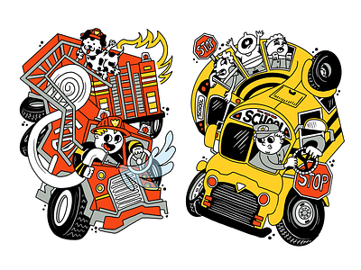 Fire Truck! Bus! abstract cartoon character children book illustration childrens book fire truck kidlit kidlitart kids kids book school bus