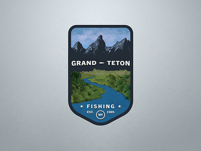 Grand Teton Fishing Badge badge fishing grand illustration logo mountains outdoors patch river stream teton