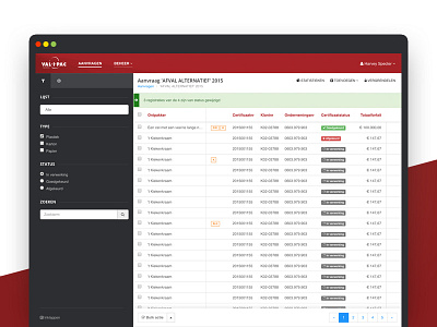 UI for requesting waste certificates contrast dark red table ui