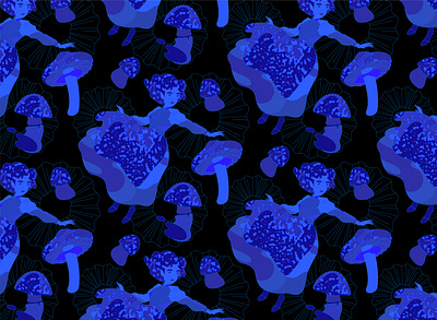 Amanita muscaria pattern 2020 adobe illustrator art blue flat fluid girl illustration mushroom night vector wavy