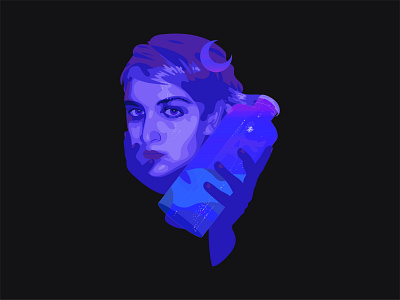 Portrait of a moon girl 2020 adobe illustrator blue design flat fluid girl glow illustration moon night portrait sparkle vector wavy