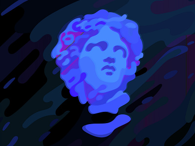 Gypsum statue head. Wavy Psychedelic blue background.