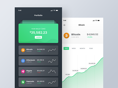 Personal Cryptocurrency Portfolio - Dark and Light Version bitcoins coins cryptocurrency fund investment ios mobile money portfolio