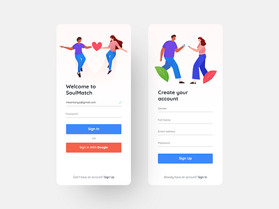 Dating App - Sign In & Sign Up UI Design dating datingapp illustration login love match signup soul