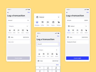 Budgeting app - input transaction page app design budget app budgeting card design category figma finance finance app financial form input field input transaction ios mobile selector transaction ui design ui ux