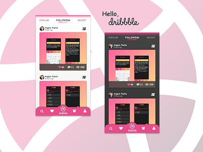 Hello Dribbble - app redesign android app card colors dark theme gradient hello dribbble icons light theme logo navbar redesign tab bar ui ux