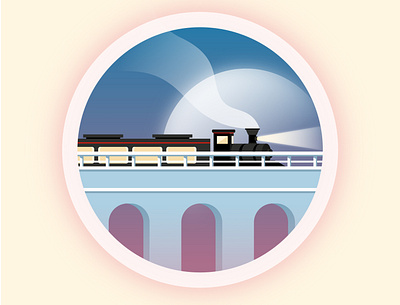 Travel by train bridge circle flat illustration flatdesign illustration minimal moon sky steam train train travel vector view