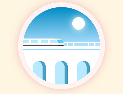 Travel by train blue bridge circle flat illustration flatdesign minimal sky train travel vector view