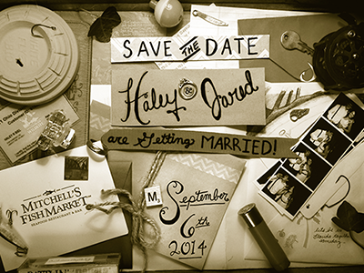 JH Save The Date collector fishing junk drawer save the date sepia wedding stationary