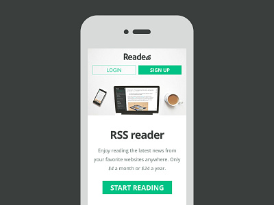 Readerrr hompage, responsive green iphone media queries mobile reader readerrr responsive rss touch ui web design website