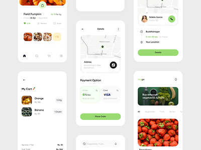 Veggis - The Grocery App app app design clean color design food delivery fruit and vegetable gps grocery live track map map pin minimal mobile online delivery online food order order track ui ux