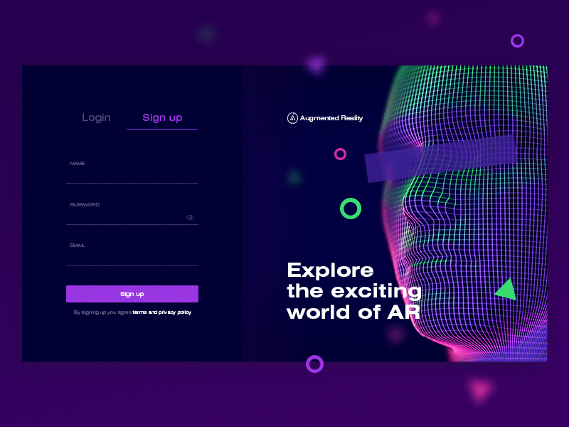 Sign in Daily UI #001 animation ar augmented reality dailyui dailyui 001 exciting gif login form neon sign up form virtual reality vr web