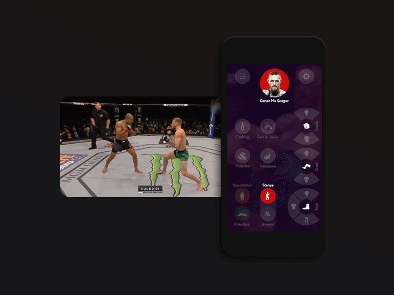 MMA commentator app in action icons smartphone kicks interaction ui interface animation fight mma