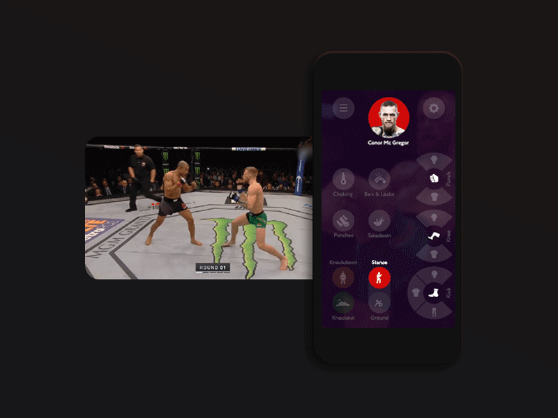 MMA commentator app in action animation fight icons interaction interface kicks mma smartphone ui