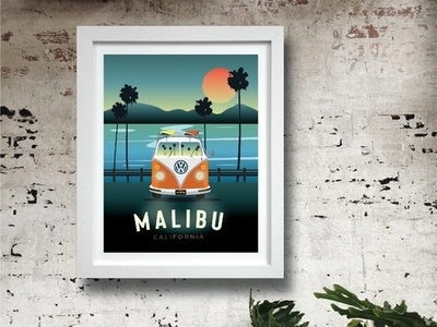 Malibu Poster art california illustration los angeles malibu print volkswagen vw vw bus west coast