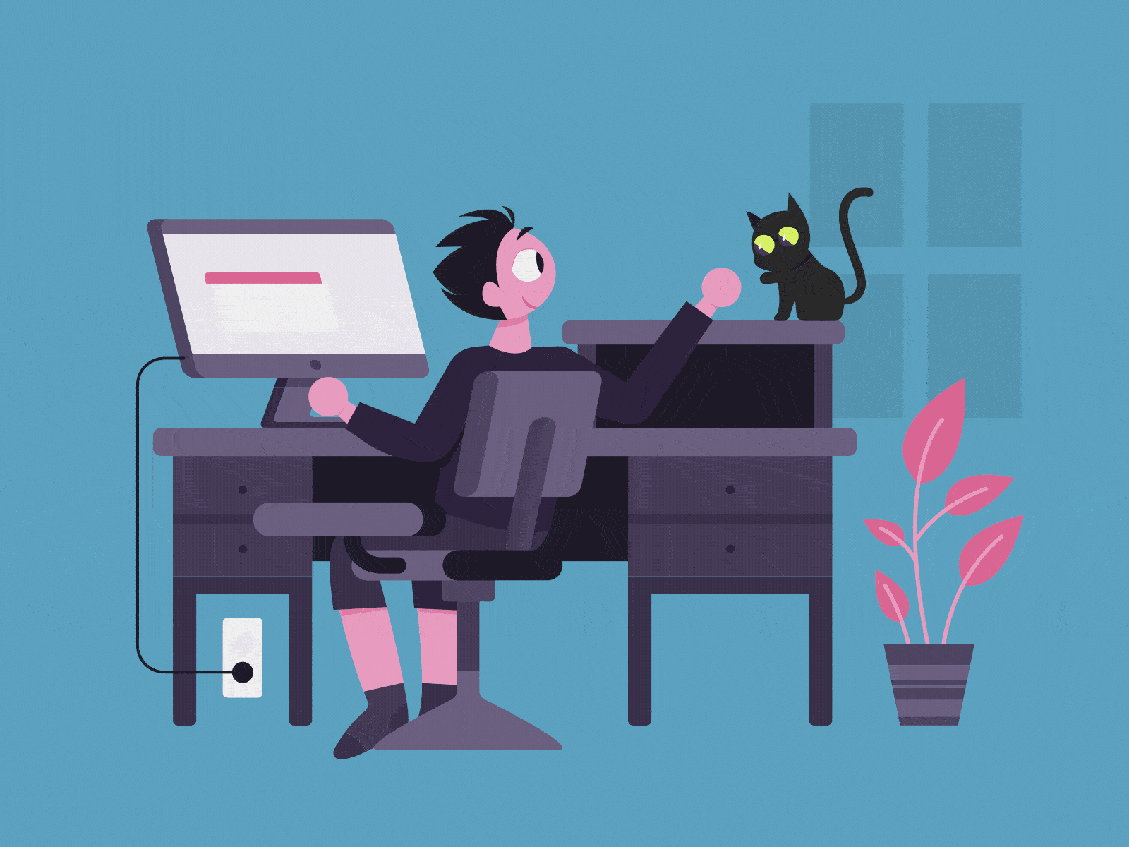 Playing in the work cat character colors design drawing illustration minimal vector work