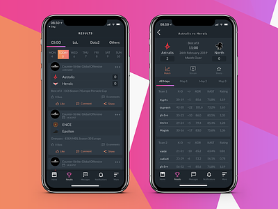 eSports App - Match Results app cs:go dark app dark interface egamers esports interface design mobile app ui design user interface