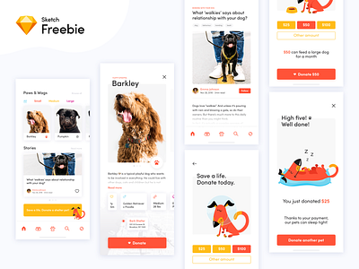 Dog Donation App Concept - Sketch freebie 💎 app dog donation free freebie icons ios iphone x minimal miquido mobile paw pet shelter sketch ui ux