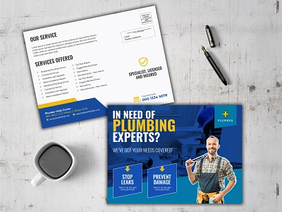 Plumber Service EDDM Postcard blue building contractor eddm electrician faucet handyman home house installation marketing pamphlet plumber plumbing postcard renovation repair replacement service unblock