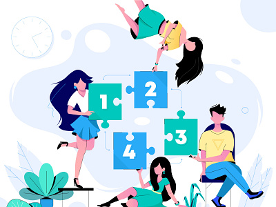 Teamwork concept. Сonnecting puzzle elements business character collaboration colorful communication concept connect corporate creativity design idea illustration infographic marketing partnership people puzzle success teamwork vector