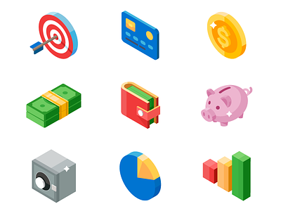 Isometric Icon Set - Business And Money card coin dollar download flat icon isometric money pig psd set wallet