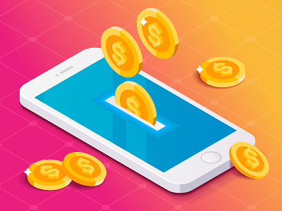 Coins drop in phone app coin dollar gold gradient ios iphone isometric mobile money payment