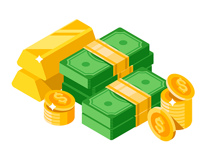 Isometric dollars bundles with gold bars bar cash coin dollar flat gold icon illustration ingot isometric money