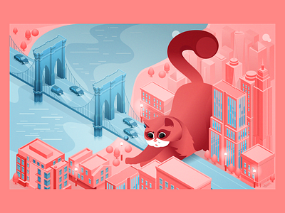 Cat in the city 2d 3d cat city illustration