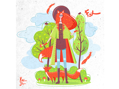 Fox girl vector illustration animals cartoon characters flat forest fox girl illustration irish texture trees vector woman