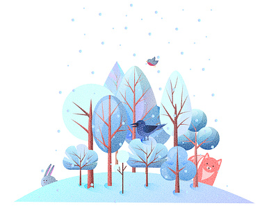 Gif Winter forest and animals animals cartoon flat forest fox illustration postcard season snow trees vector winter