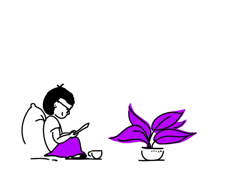 Slow living animation design flipaclip frame by frame hand drawn illustration plant reading tea