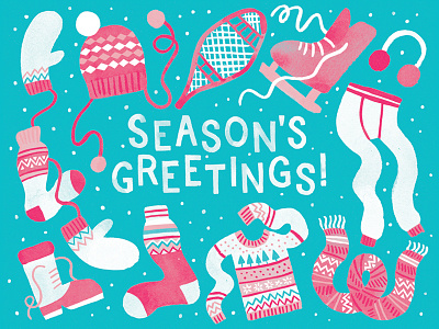 Season's Greetings holidays illustration long johns mittens seasons greetings snow stationery sweaters