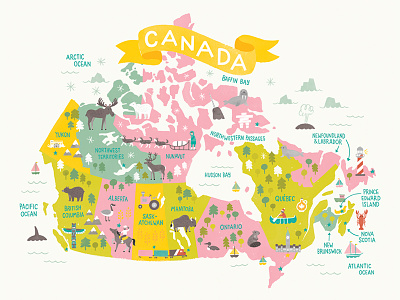 Map of Canada animals beaver canada canadiana colour east coast illustration map moose west coast