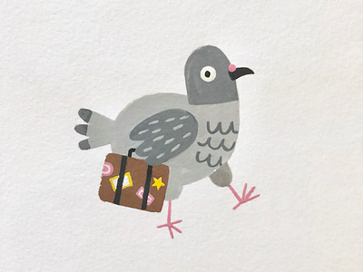 Travelling animal gouache illustration painting pigeon suitcase