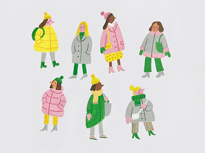 Bundled Up cold gouache illustration ladies limited palette painting tiny people winter winter clothes