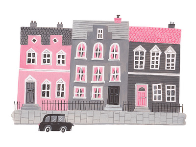 London Street buildings gouache greyscale illustration limited palette london