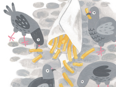 Spilled animals birds food fries fun gouache illustration pigeons